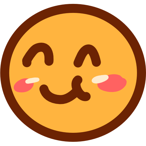 A simple yellow face with a rounded cheek that indicates chewing is depicted using a curved line that connects to the faces smile.  The eyes of the face are upside down U’s, and the face has pinkish blush with off white highlights.